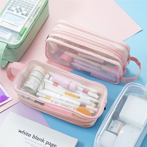 1 pc Clear Pencil Case for Exams, Transparent Large Capacity Pencil Pouch with 2 Compartments and Zipper, Pink
