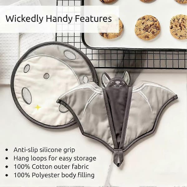 Batlicious Oven Mitts & Pot Holders Set - Gothic Bat & Moon Design, Heat Resistant Kitchen Gloves for Baking, Cooking, and Grilling