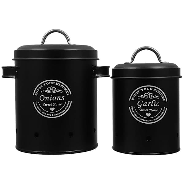 Rustic Jar Set for Kitchen Vegetable Storage Jars with Lids Metal Jars for Onion Garlic Potatoes Set Ventilation Holes Black 2 pcs
