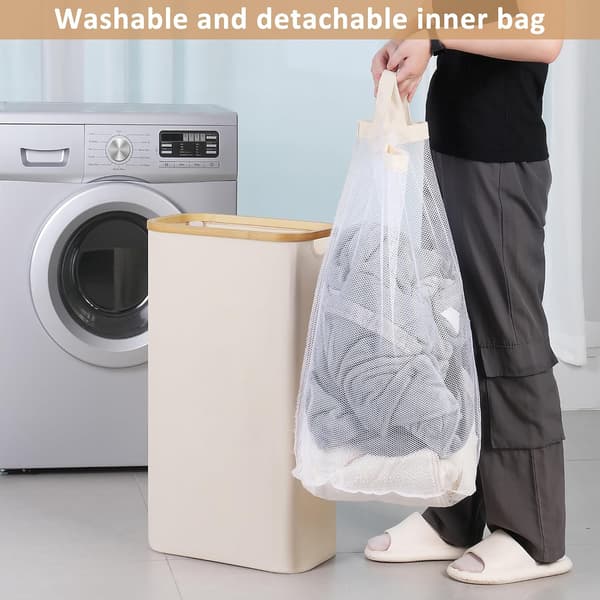 Laundry Hamper with Lid, Slim Laundry Basket for Dirty Clothes with Removable and Washable Inner Bag, Bamboo Laundry Basket, Foldable Laundry Hampers for Laundry
