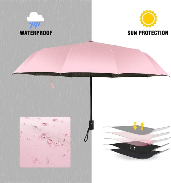 Resparaply til rejser, kompakt foldbart UV-paraply til solbeskyttelse, automatisk åbning og lukning, pink