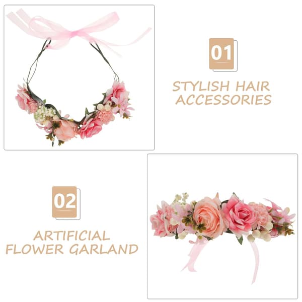 Blomsterhårbånd Kunstig Blomsterhårkrans Rosa Krone Tilbehør for Kvinner Julefest og Bryllup