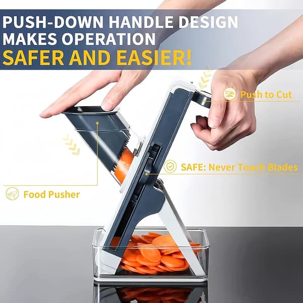 Safe Mandoline Kitchen Slicer, Potato Cutter, Vegetable Chopper with 4 Cutting Modes for Slicing, Grating, Shredding Grey Blue Grey Blue