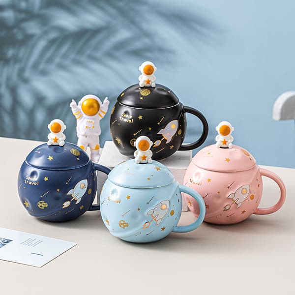 450 ml Astronaut Mug Space Emblem Planet Mug, Ceramic Coffee Mug with Lid and Spoon for Coffee, Tea, Milk, Space Mug for Friends