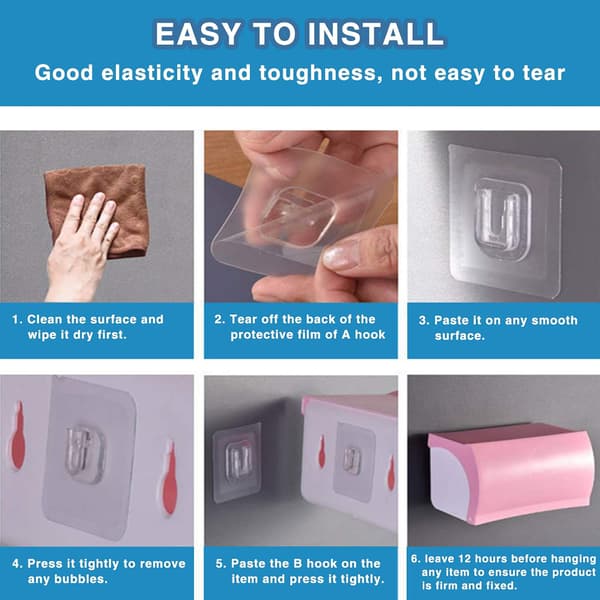 16 Pair Double-Sided Adhesive Hooks, Waterproof and Oil-Proof Reusable and Nail-Free for Kitchen Bathroom Office