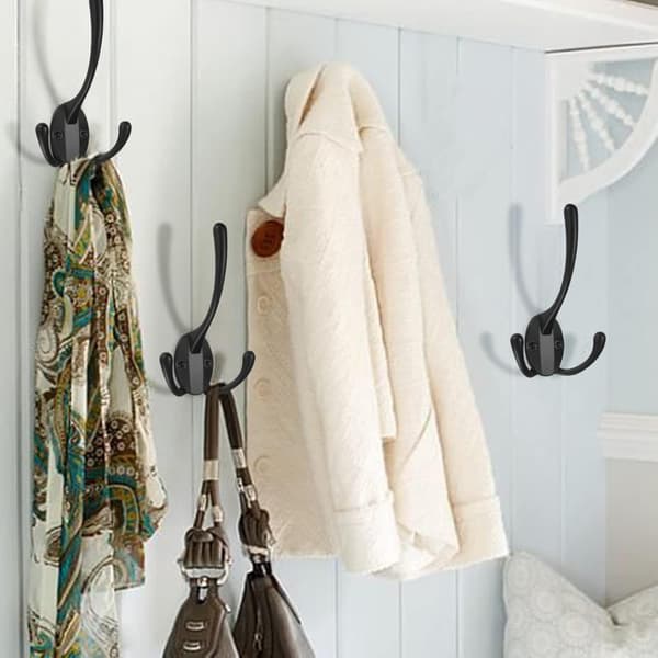 Pack Coat Hooks, Three Hooks Wall Mounted Coat Rack with Screws for Hanging Jacket, Hat, Towel, Scarf, Bag, Key, Cap - Black