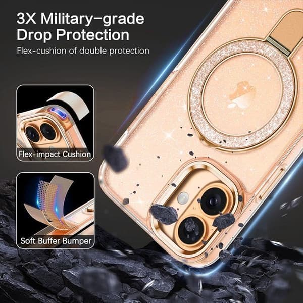 BOOLING Protective Case - For iPhone 17 - With Adjustable Magnetic Gold Ring - 2 Gold Tempered Glass Screen Protectors