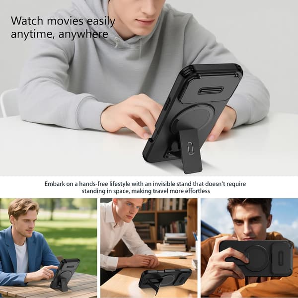 Compatible with iPhone 17, Built-in Phone Stand, Sliding Camera Cover, Magnetic Drop-Proof Phone Case, Black