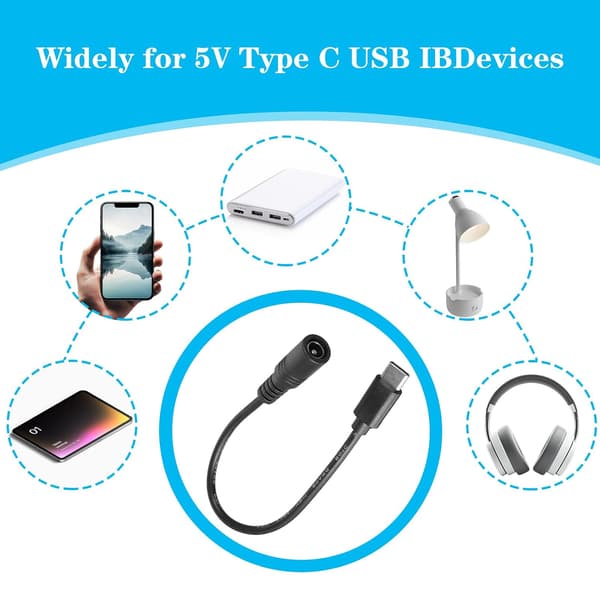 2 stk USB C til DC-adapter, hunn strømkabel DC5521 hannplugg, 5V 3A ladekabelforlenger