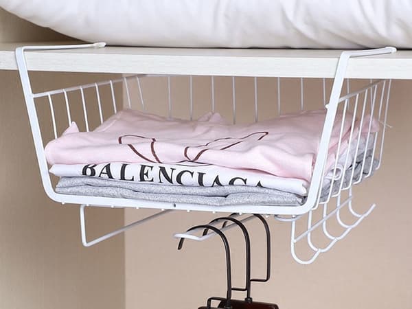 Under Cabinet Wire Basket, 5 Hooks, Paper Towel Holder, White, Kitchen Storage Organizer White