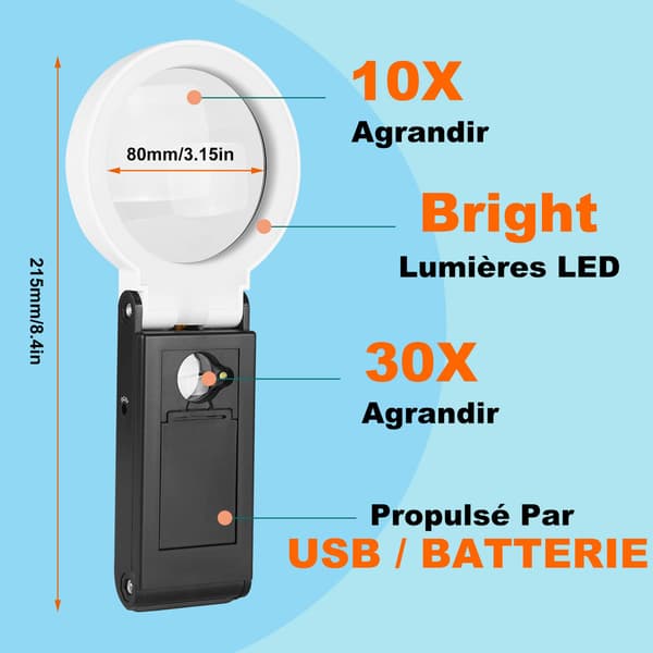 10X 30X Magnifier with Light and Stand, Portable LED Illuminated Magnifying Glass Standing, Foldable Reading Magnifier for Seniors