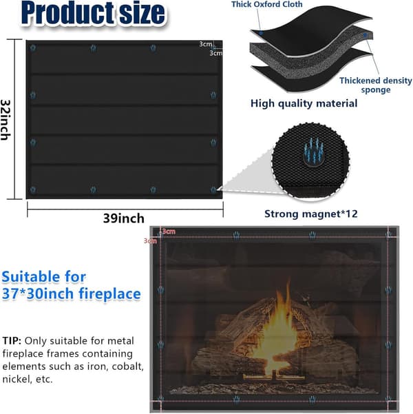 Magnetic Fireplace Blanket, Draft Stopper for Heat Loss, 100x82cm