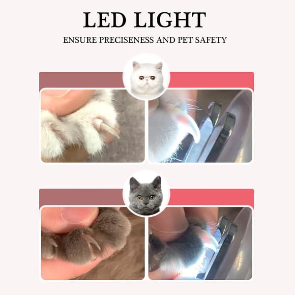 Professionel negleklipper til kæledyr med sikkerhedsbeskyttelse og LED-lys, velegnet til hunde og katte (lyserød)