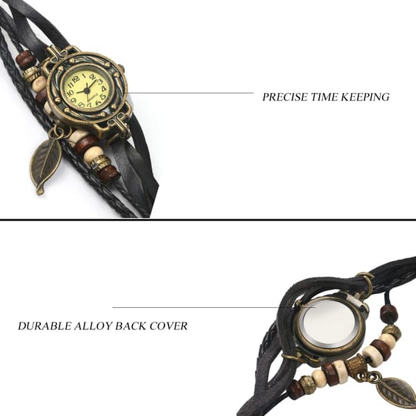 Damklocka, retro flätat läderarmband armbandsur med trädbladhänge för kvinnor flickor