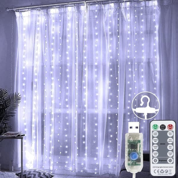 LED Curtain Lights String Lights, 3m × 3m 300 USB Fairy Lights 8 Modes with Remote Control for (Cool White)