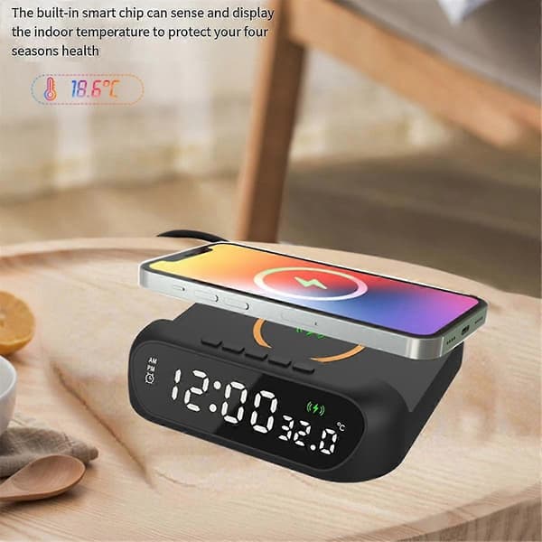 Wireless Charging Alarm Clock 3-in-1 Wireless Charger Fast 15w Charging Digital Alarm Clock Temperature Black