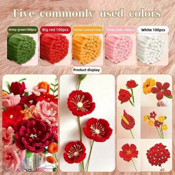 Pipe Cleaner Craft Kit - DIY Flower Making Set Handmade Creative Craft Materials *Red Outfit* Red outfit