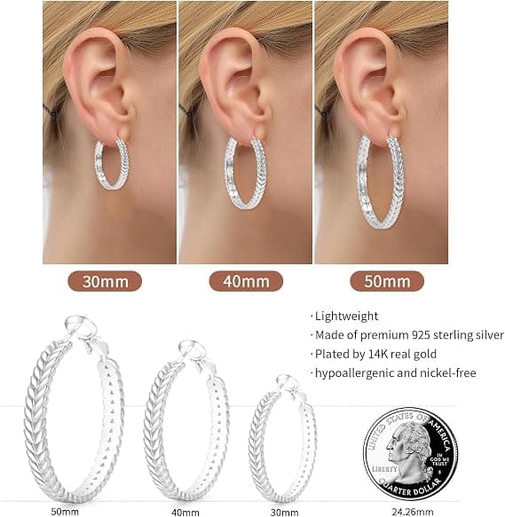 Øreringe, Lette Sterling Sølv Hoop Øreringe, Hvede Snoede Hypoallergene Brede Hoop Øreringe til Kvinder Sølv 40mm Silver 40mm