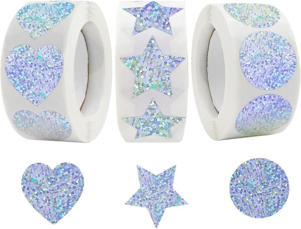3 ruller hjerteformede klistremerker for scrapbooking, stjerneformede hjerteformede runde glitterklistremerker