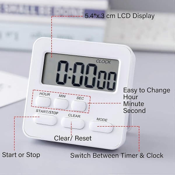 24-timmars digital kökstimer med stor display, högt alarm, magnetisk baksida, stativ, räknar upp och ner för matlagning