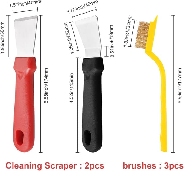 2 pcs cleaning scraper for ovens, stoves, induction hobs, freezer stainless steel multi kitchen scraper with whetstone 3 pcs cleaning brushes (red and black)