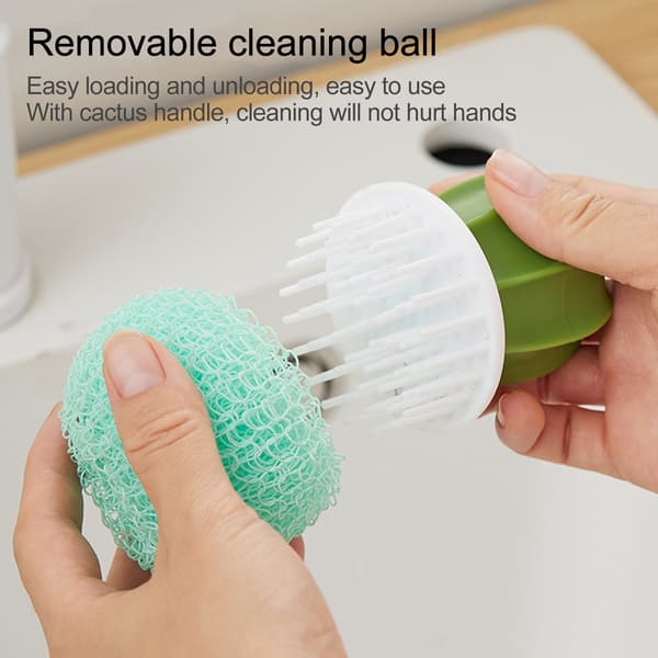 Creative Cactus-Shaped Dish Brush, Yellow Pot Green Brush, 3 Green Gradient Refill Balls, Kitchen Scrubber