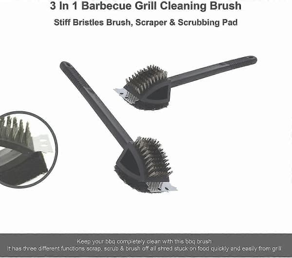 3-in-1 Grill Cleaning Brush | Brush with Stiff Bristles, Scraper, and Scrubber Pad