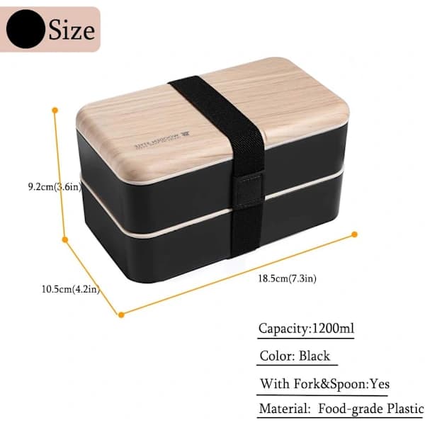 Bento Lunch Box with 2 Stackable Compartments and Cutlery, Japanese Style Meal Prep Container for Work or School, Black