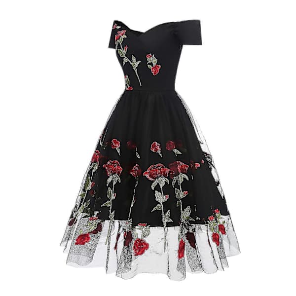 Dame Blonde Net Kjole med Broderede Blomster, V-hals Kort Aftenkjole