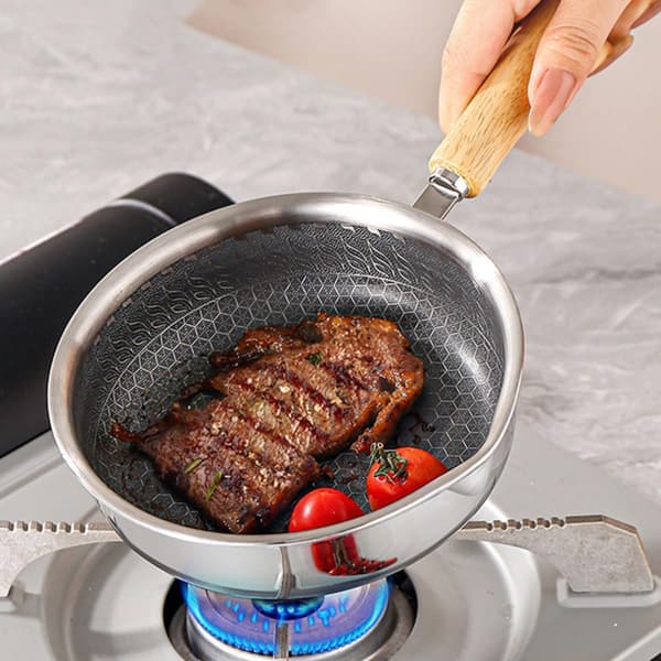 Nonstick stekepanne i rustfritt stål 20 cm Honeycomb-overflate Varmebevarende trehåndtak