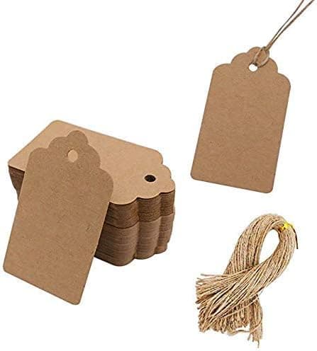 100 st Kraftpapper Presentetiketter med Snöre, Tomma Presentpåse Etiketter Prislappar