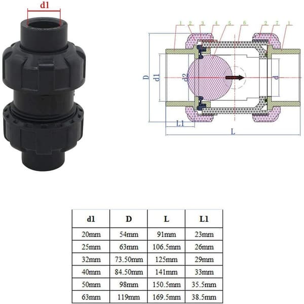 Kulventil 20 25 32 40 50 63mm pool backventil anti-backflöde PVC ventil backventil (Innerdiameter 40mm)