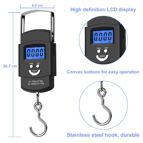 Electronic Luggage Scale with Hook, Max 50kg/110lb Portable Digital Scale, with LCD Display and One-Button Tare Function