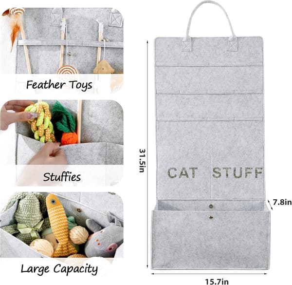 Cat Toy Storage, 5-Tier Hanging Foldable Non-Woven Bag for Cat Owners, Home Use, Grey, 80 x 40 x 20 cm