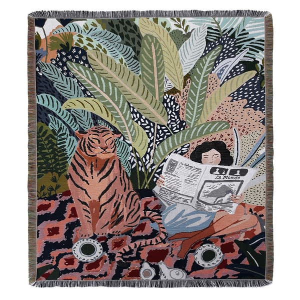 1 stk 160x130cm strikket tiger- og kvinneteppe dekorert
