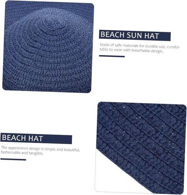 Foldable Beach Straw Hat Women's Sun Hat Wide Brim Bucket Straw Sun Visor for Summer Navy Blue