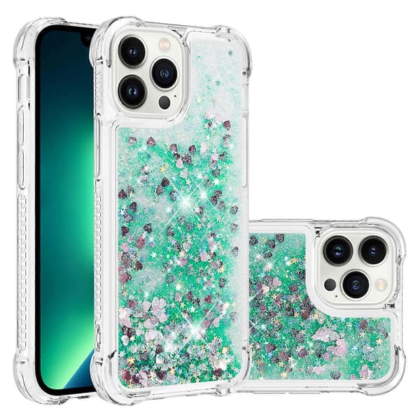 iPhone 13 Pro Max -kuori, kimalteleva glitter-neste, läpinäkyvä pehmeä TPU-silikonisuoja, vihreä
