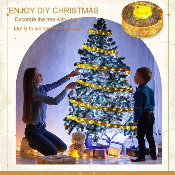 Christmas Tree Ribbon with LED String Lights, 5m 50 LED String Lights with Shiny Ribbon, Waterproof Battery Operated Christmas Tree Lights (Silver 5m)