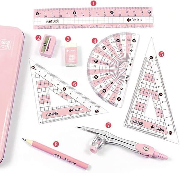 Professionel kompas, kompassæt med viskelæder, vinkelmåler og lineal (pink)