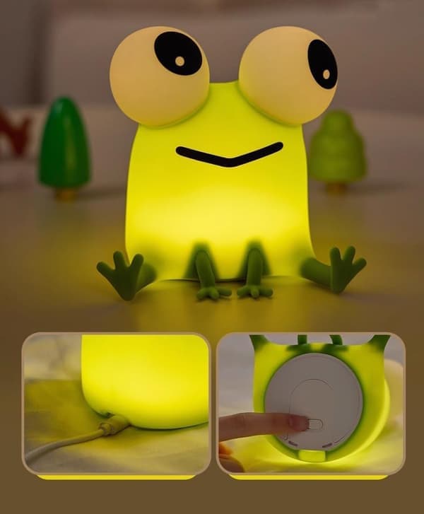Frø Natlampe, Silikone Touch-lampe med Justerbar Lysstyrke, Genopladelig LED Sengelampe til Børneværelset