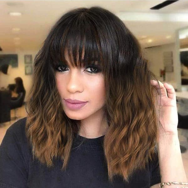 Short Wavy Wig with Bangs for Women Shoulder Length Bob Curl