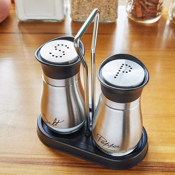 Salt- og peberkværnsæt med holder, moderne dispenser i rustfrit stål og glas, 3 dele i alt, 118 ml Sølv Silver