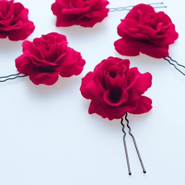 6 stk. røde roser blomsterklemmer U-formede hårnåle elegante brudehårnåle til fest bryllup håndlavede brudetilbehør