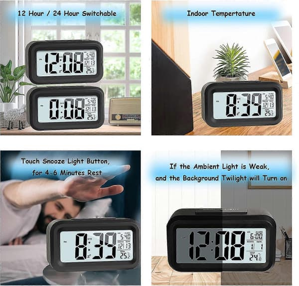LCD digital vekkerklokke, reisevekkerklokke med temperaturdato slumrefunksjon
