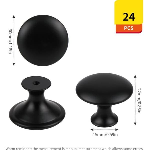 24 Pieces Matte Black Drawer Knobs, Round Cabinet Knobs Furniture Knobs with Screws for Kitchen Cabinets Nightstands (30mm)
