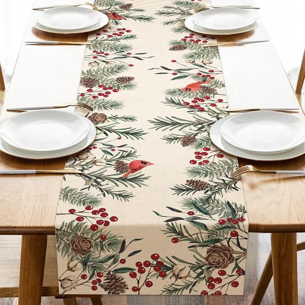 33×183×1cm Table Runner with Winter Pine Needles, Pine Cones Cardinal Red Birds Berries Farmhouse Kitchen Dining Table D
