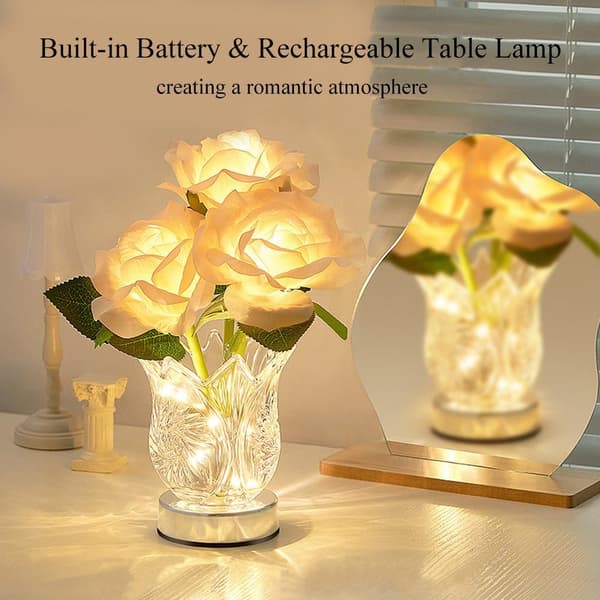 Artificial Rose Lamp with Crystal Glass Vase, Rechargeable Cordless Touch Control Dimmable Table Night Light Flower for Home Bedroom Living Room