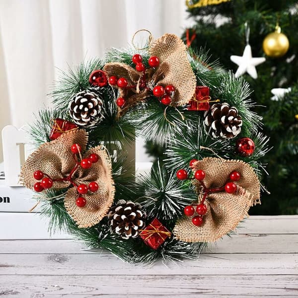 Christmas Wreath, Window Hanging Winter Door Wall Decor 12.6\" with Pine Cones, Berry Clusters
