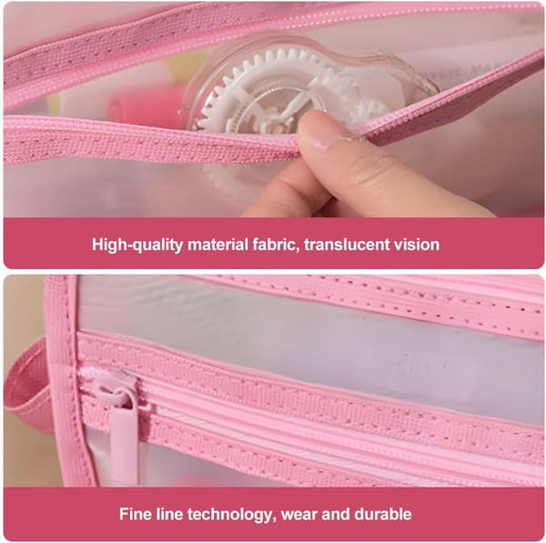 Grid Pencil Case with Handle and Zipper Double Layer Transparent Pencil Pouch for Office Travel School (Pink)