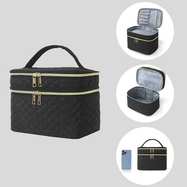 Stor makeuptaske, dobbeltlags rejse makeuptaske, sort.